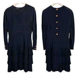 Escada Vintage Black Gold Star Buttons Dress 1980s Iconic Couture Size 40